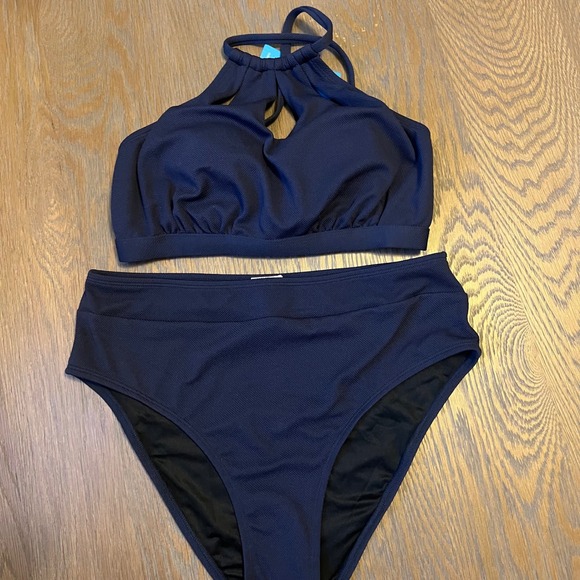 Cupshe Other - Cupshe Navy Blue High Waisted Halter Neck Keyhole Bikini Swimsuit